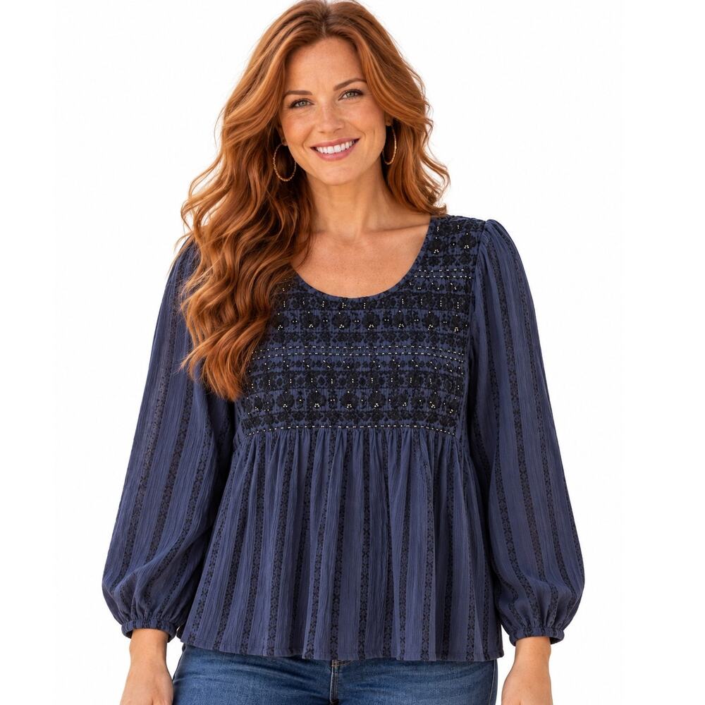 Lucky Brand Beaded Boho Top Womens Large Blue Black Embroidered Peasant Blouse